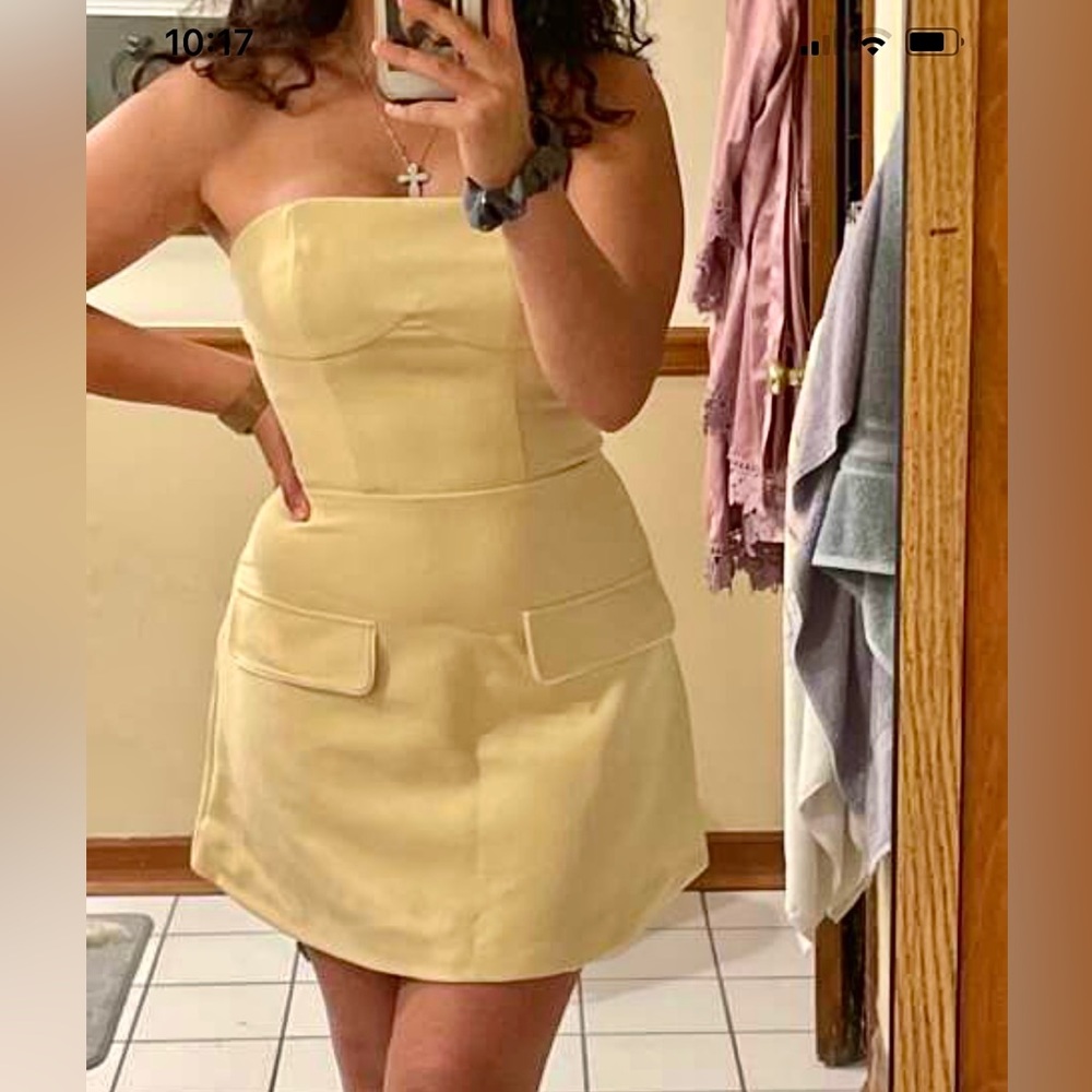 Pastel muted yellow structured Flap Detail Zip Back Tube strapless mini Dress - Picture 6 of 6